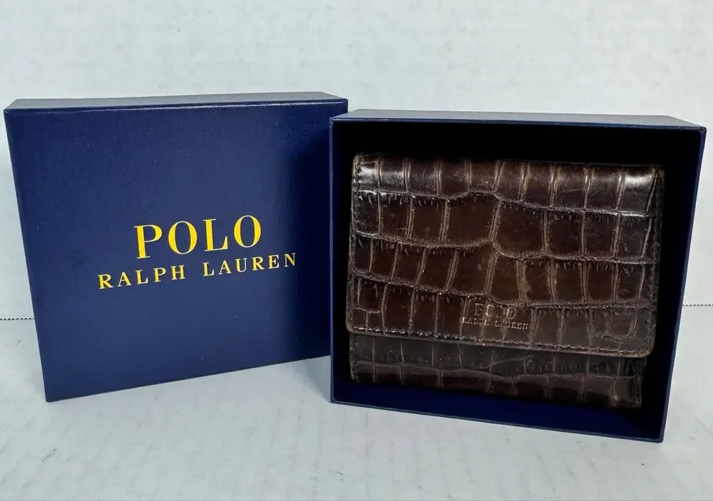 Polo Ralph Lauren Brown Croc Embossed Leather Trifold Wallet w/ Box
